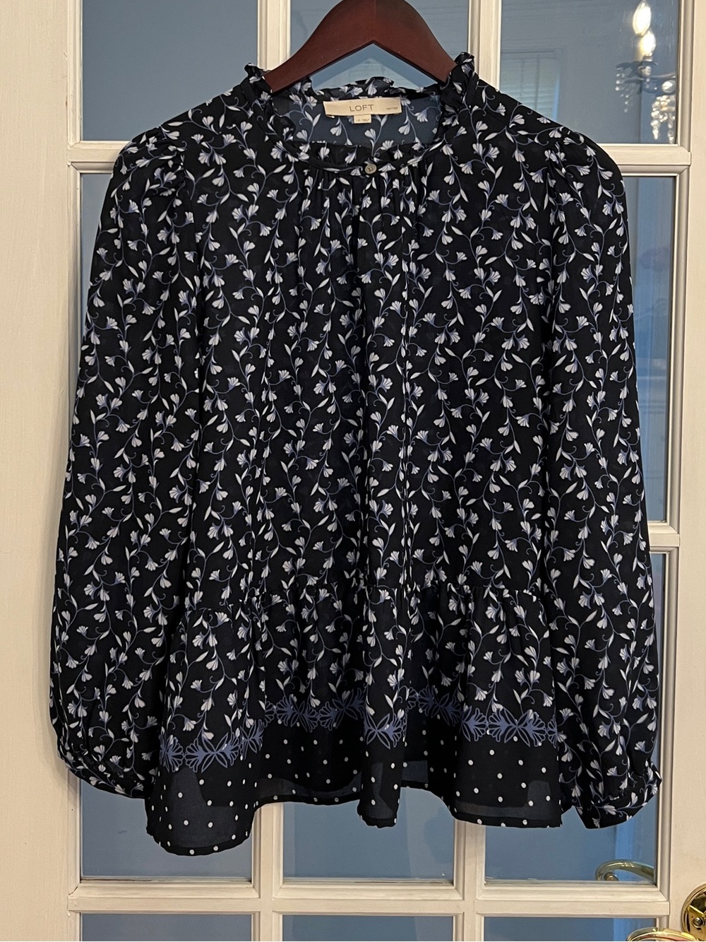 LOFT Women’s Petite Black Blue Floral Ruffle Peplum Long Sleeve Blouse LP